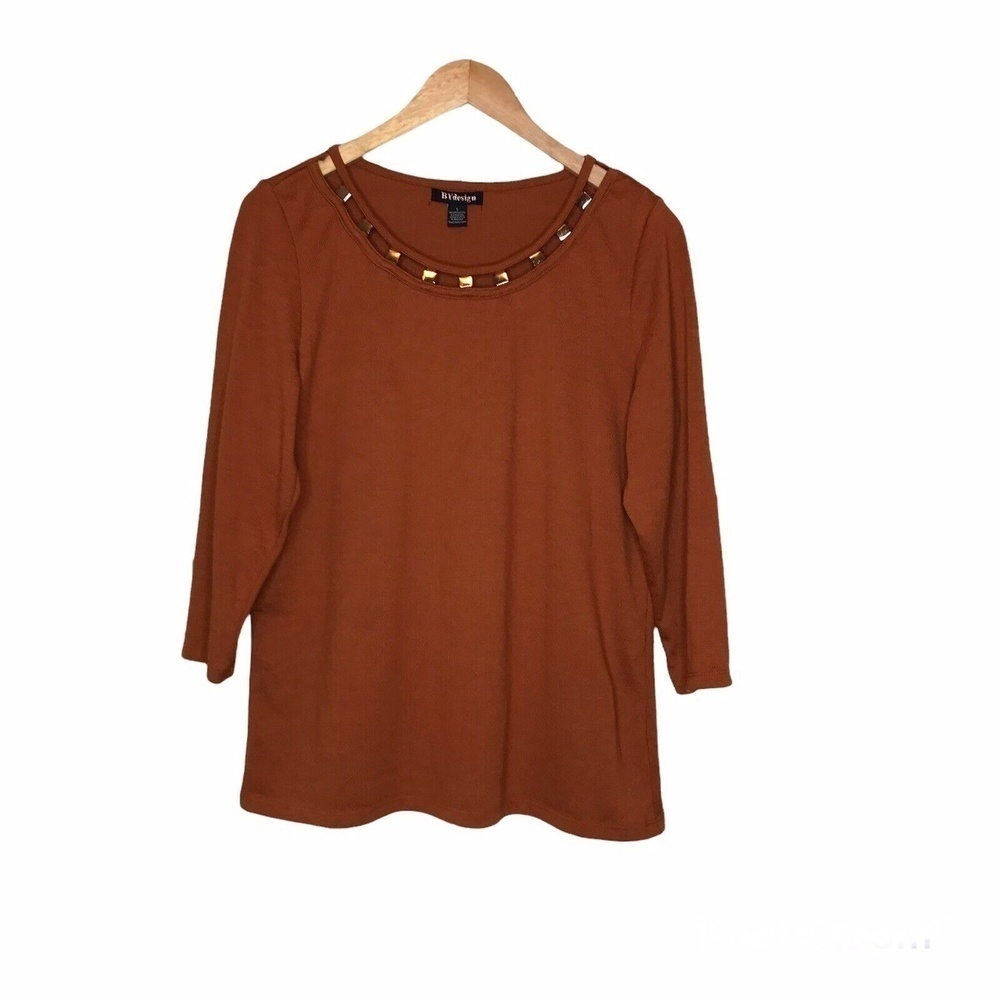 BYdesign Womens Size L Pullover Sweater‎ Rust 3/4 Sleeve Metal Bar Embellished